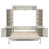Merax Queen Size Murphy Bed with Desk and LED Lights, Power Outlet, Foldable Murphy Cabinet Bed with Open Storage Shelves & Drawers, Wood Space-Saving Hidden Wall Bed for Guest Room Office, White Merax