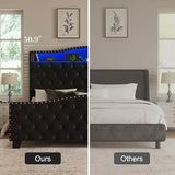 Belffin Queen Size Bed Frame and Headboard, 50.9" Velvet Upholstered Wingback Bedframe with LED Lights & Storage/Charging Station, Button Tufted Tall Footboard, No Box Spring Needed, Noise-Free, Black Belffin