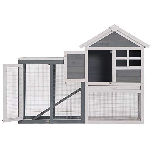 PawHut 48" Wooden Rabbit Hutch Bunny Cage with Waterproof Asphalt Roof, Fun Outdoor Run, Removable Tray and Ramp, Grey PawHut