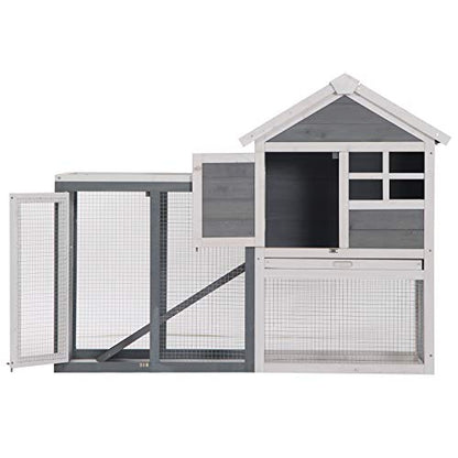 PawHut 48" Wooden Rabbit Hutch Bunny Cage with Waterproof Asphalt Roof, Fun Outdoor Run, Removable Tray and Ramp, Grey - WoodArtSupply