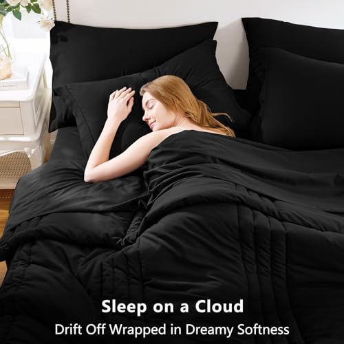 CozyLux King Size Comforter Sets - 7 Piece Bed in a Bag Black Comforter Set with Sheets Luxury Bed Set All Seasons, Soft Bedding Set with Down Alternative Comforter, Sheets, Pillowcases & Shams CozyLux