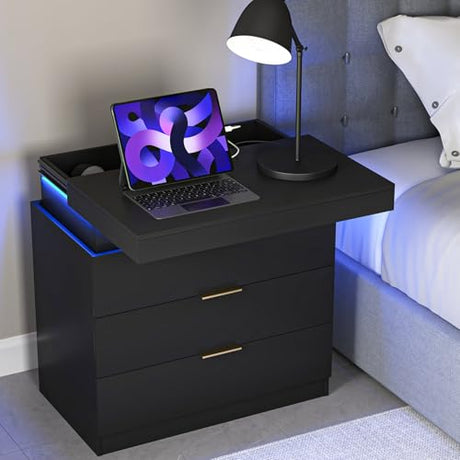 Night Stand with Charger Station and LED Lights,3 Drawers Nightstands with Sliding Top,Modern Bedside Table with Storage,Wooden End Table for Multiple Scenarios (Black) VERYKE