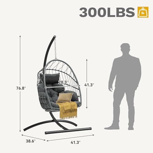 DWVO Egg Chair with Stand, Hanging Outdoor Rattan Wicker Patio Hammock Indoor Egg Chair with Cushion, Hanging Swing Chair 300lbs for Porch, Garden, Bedroom, Balcony, Gray DWVO
