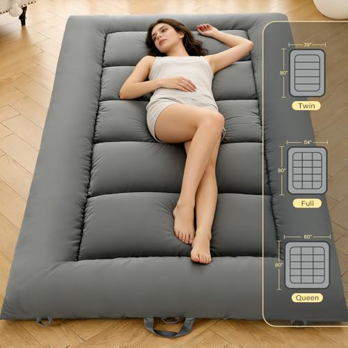 DOWNSTORIA Japanese Floor Mattress, Foldable Futon Mattress Tatami Mat with Handle, Roll Up Dormitory Sleeping Pad for Camping, Guestroom Bed, Twin Size, Grey DOWNSTORIA