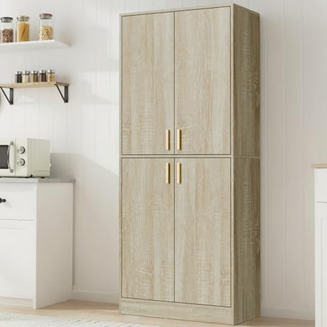 Cozy Castle Kitchen Pantry Cabinet, 71" Tall Wood Storage Cabinet with Doors and Shelves 4 Doors Freestanding Cupboard for Dining Room Living Room Bathroom Furniture, Whitewashed Oak Cozy Castle