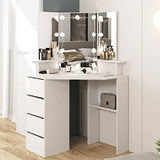 Vabches Corner Vanity Desk with Lighted Mirror & Power Strip,White Makeup Vanity Table with Lights,42 inch Corner Vanity Mirror with Lights and 4 Drawer, 3 Lighting Modes, Brightness Adjustable Vabches