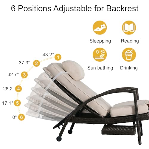 Chaise Lounge Chairs Set of 2, 6-Position Adjustable Outdoor Recliner with Side Table & Wheel,All-Weather PE Rattan Wicker Patio Lounge Chair With Removable Cushion for Poolside Backyard Beach (Beige)