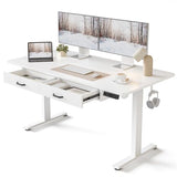 FEZIBO Adjustable Height Electric Standing Desk with Double Drawer, 55 x 24 Inches Stand Up Home Office Desk with Splice Tabletop, White Frame/White Top FEZIBO