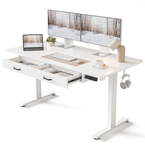 FEZIBO Adjustable Height Electric Standing Desk with Double Drawer, 55 x 24 Inches Stand Up Home Office Desk with Splice Tabletop, White Frame/White Top - WoodArtSupply