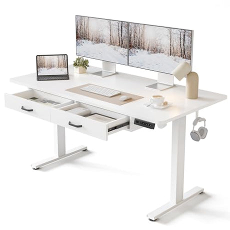 FEZIBO Adjustable Height Electric Standing Desk with Double Drawer, 55 x 24 Inches Stand Up Home Office Desk with Splice Tabletop, White Frame/White Top FEZIBO