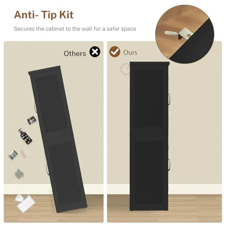 TEENFON Farmhouse Storage Cabinet with 2 Adjustable Shelves, Kitchen Cabinet with 4 Doors, Cupboard for Kitchen, Living Room, Black TEENFON