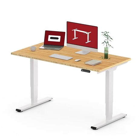 48 Inch Bamboo Electric Standing Desk, 3 Stage Dual Motor Height Adjustable Desk, Stable and Durable Sit to Stand Home Office Desk (White Frame/ 48” x 24” Natural Bamboo Top) SANODESK