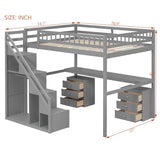Bellemave Full Loft Bed with Stairs and Shelves, Wood Loft Bed with Two Chest of Drawers, Wardrobe, LED for Kids, Teens, Adults, Gray Bellemave