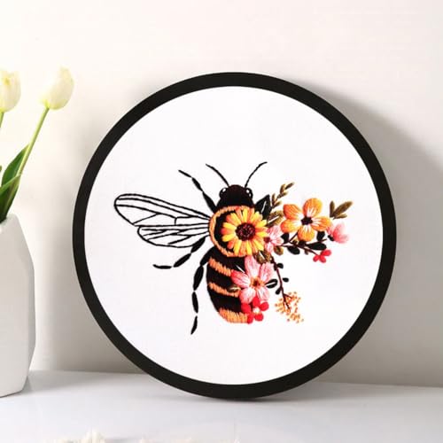 Esffaci Embroidery Starter Kit for Adult Beginner with Bee Pattern Hand Embroidery Set with Embroidery Cloth Hoop Needle Threader Embroidery Floss and Instruction