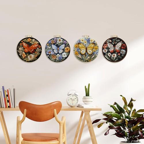 LB 4 Pack Colorful Butterfly Embroidery Kit for Beginners Nature Flower Beginner Embroidery Kit for Adults DIY Starter Kit with Embroidery Hoop Colorful Threads Tools Step by Step Instructions