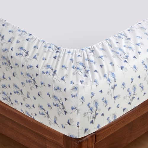 HENGWEITEXT King Sheet Set, 4 Piece Bed Sheets for King Size Bed Set, 17 Inch Sheets Deep Pocket, Soft and Breathable Microfiber, Wrinkle Free, Printed Light Blue Flowe Patterned Double Bedding HENGWEITEXT