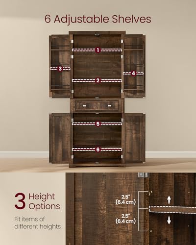 VASAGLE Pantry Cabinet, 15.7 x 30 x 71.7 Inches, Freestanding Tall Cupboard Storage Cabinet with a Drawer, 2 Cabinets, 6 Adjustable Shelves, for Living Room, Kitchen, Deep Brown UBBK561K01 VASAGLE