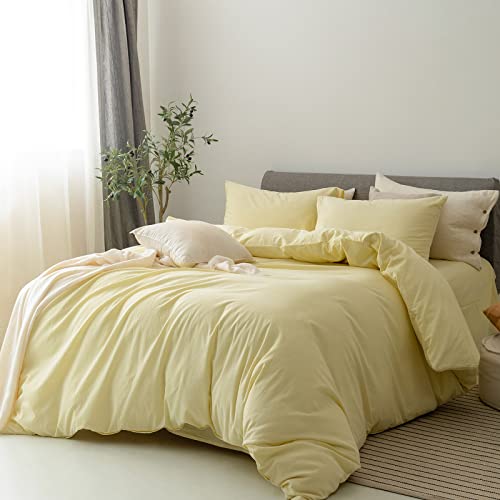 FOSSA Duvet Cover Set 100% Washed Cotton Linen Feel Super Soft Breathable Cozy 3 Pieces Bedding Sets Solid Pastel Yellow Full/Double FOSSA