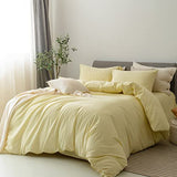FOSSA Duvet Cover Set 100% Washed Cotton Linen Feel Super Soft Breathable Cozy 3 Pieces Bedding Sets Solid Pastel Yellow Full/Double FOSSA