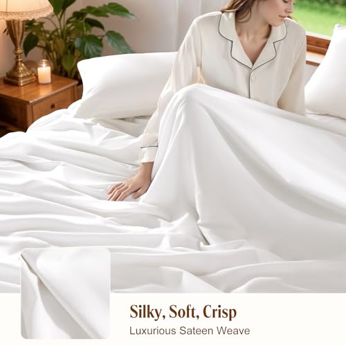 SONORO KATE 100% Egyptian Cotton Sheets, 1800 Thread Count — Sateen Weave Sheets Set, Ultra Soft & Breathable, Luxury 5-Star Hotel Quality Sheets, 16" Deep Pocket, 4-Piece (White,King) SONORO KATE