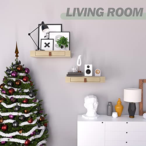 Bloddream Floating Shelf with Drawer, Nightstand for Bedroom - 16'' Wall Shelf, White Floating Shelf with Storage, Floating Bedside Table (Natural) Bloddream