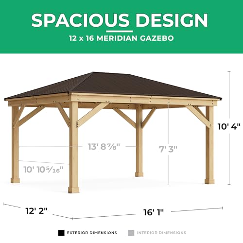 Yardistry 12' x 16' Meridian Cedar Wood Gazebo Pavilion for Patios, Decks, Garden, Backyard, Durable, Aluminum Roof