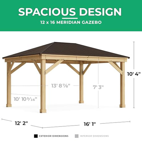 Yardistry 12' x 16' Meridian Cedar Wood Gazebo Pavilion for Patios, Decks, Garden, Backyard, Durable, Aluminum Roof Yardistry