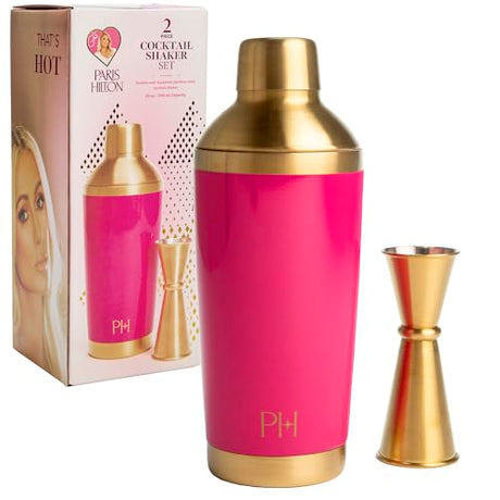 Paris Hilton 2-Piece Cocktail Shaker Set, Double Wall Insulated Stainless Steel Mixer with Built-In Strainer and Double-Sided Jigger, 20-Ounce, Gold and Hot Pink Paris Hilton