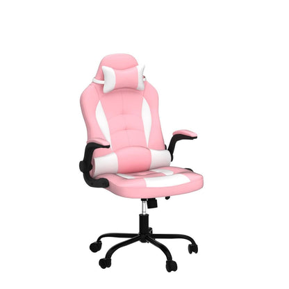 Gaming Chair for Adult, Kids Pink Office Desk Chair Ergonomic High Back Computer Chair with Lumbar Support Flip-up Arms Headrest PU Leather Swivel Task Chair for Girls