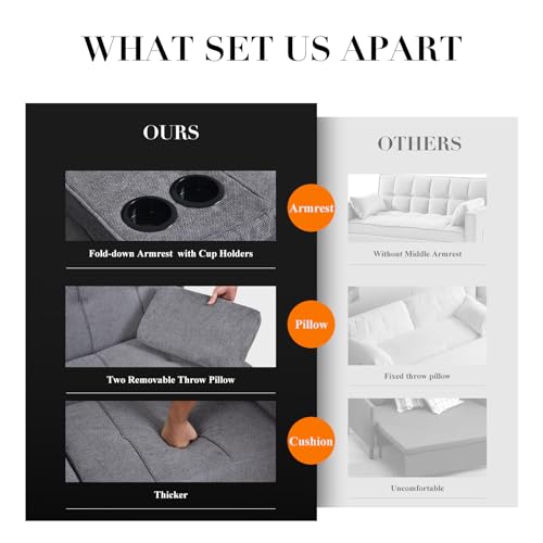 COLAMY Futon Sofa Bed-Fabric Small Futon Couch, Futon Lounge Sofa, Futon Convertible with 2 Cup Holders, Removable Soft Armrest, Adjustable Backrest for Dorm/Bedroom/College Lightgrey COLAMY