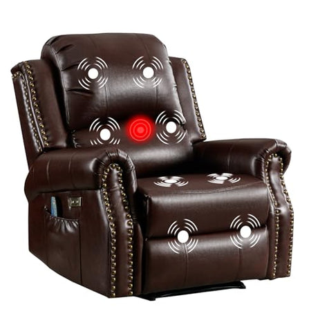 EBELLO Power Recliner Chair with Massage and Heat, Faux Leather Electric Massage Reclining Chair for Adults with Overstuffed Backrest and Side Pocket, Single Sofa for Living Room, Red Brown EBELLO
