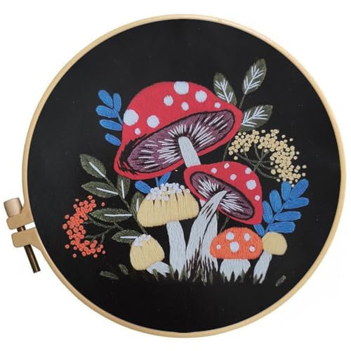 Embroidery Kit for Adults Beginners Starter Stitch Kit with Red Mushroom Plant Pattern Handmade Needlepoint Kits