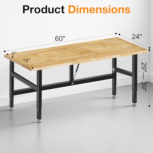 MUWOOD 60” Folding Workbench, 2000 LBS Capacity Heavy Duty Workbench, Height Adjustable Foldable Work Table, Rubberwood Collapsible Desk for Workshop, Garage, Office, Home MUWOOD