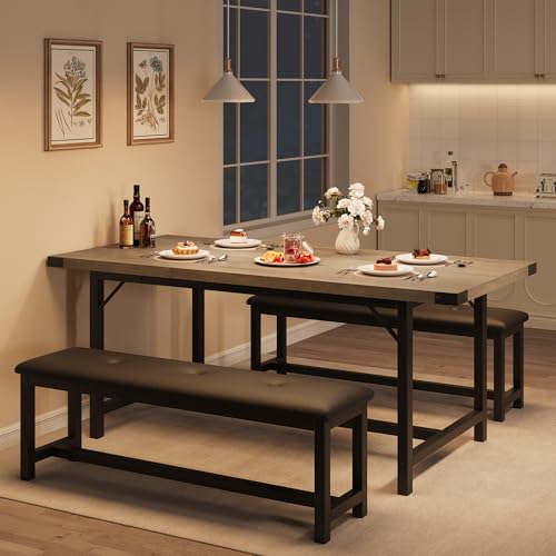 Garvee 63 in Extendable Dining Table Set for 4-6 People, 3-Piece Kitchen Table Set with 2 Upholstered Benches, Farmhouse Dining Room Table Set for Kitchen, Living Room, Apartment, Gray Garvee