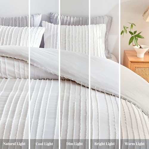 WARMDERN White Boho Duvet Cover Set Queen Size, Striped Textured Tufted Bedding Set, 3 Pcs Ultra Soft Washed Microfiber with Zipper Closure (Queen, White) WARMDERN