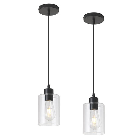 KLSS Modern Black Farmhouse Clear Glass Cylinder Pendant Light Fixture,Island Lights for Kitchen,Mini Pendant Lighting for Kitchen Island Decor - 4.75 Inch Shade 58 Inch Cord (Black 2 Pack) KLSS