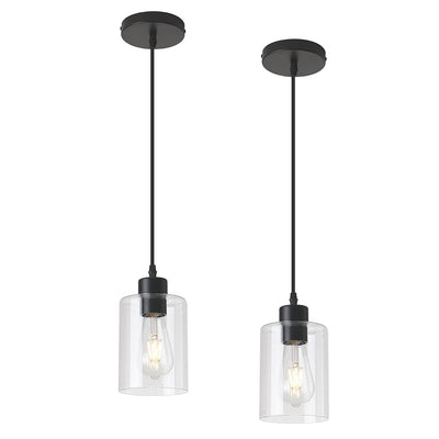 KLSS Modern Black Farmhouse Clear Glass Cylinder Pendant Light Fixture,Island Lights for Kitchen,Mini Pendant Lighting for Kitchen Island Decor - 4.75 Inch Shade 58 Inch Cord (Black 2 Pack)