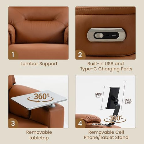 PU Leather Power Swivel Glider Recliner w/ Adjustable Headrest & Lumbar, Electric Nursery Rocking Chairs with Side Storage Space, USB Port, Phone Stand, Stry Table, Cup Holder for Nursery & Home,Brown FiveWillowise