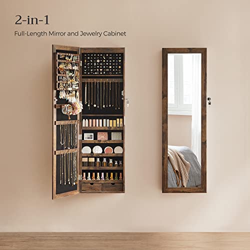 SONGMICS 6 LEDs Mirror Jewelry Cabinet, 47.2-Inch Tall Lockable Wall or Door Mounted Jewelry Armoire Organizer with Mirror, 2 Drawers, 3.9 x 14.6 x 47.2 Inches, Rustic Brown UJJC93CB SONGMICS