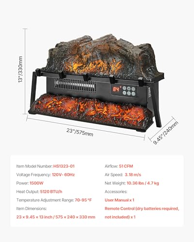 VEVOR 23 Inch Electric Fireplace Log Heater, Fireplace Insert with Crackling Sound, Remote Control, 5 Flame Brightness Levels, Thermostat, Timer, Overheat Protection, for Home Decor, Black VEVOR