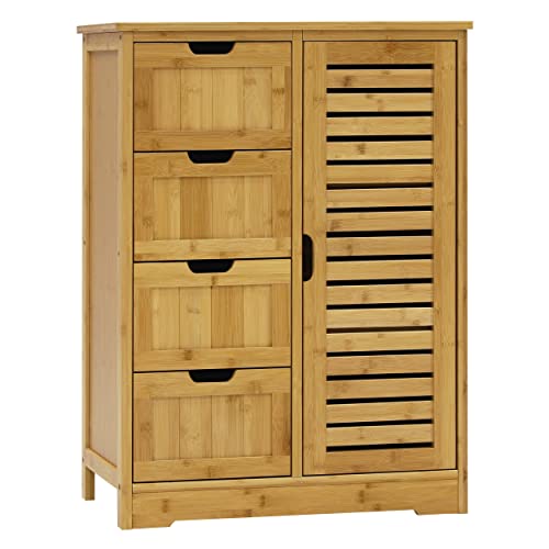 MUPATER Small Storage Cabinet Bamboo with 4 Drawers and 1 Cupboard, Freestanding Compact Floor Towel Cabinet Bamboo for Laundry Room, Entryway and Bedroom, Natural MUPATER