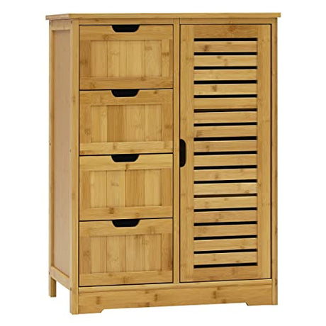 MUPATER Small Storage Cabinet Bamboo with 4 Drawers and 1 Cupboard, Freestanding Compact Floor Towel Cabinet Bamboo for Laundry Room, Entryway and Bedroom, Natural MUPATER