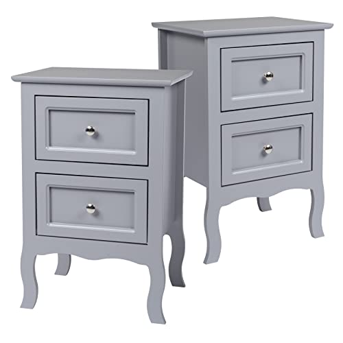 Karl home Grey Nightstand Set of 2 for Bedroom, Vintage Small Night Stand with Drawers, Farmhouse Side Table, Wooden End Tables with Curved Legs for Office, Mid-Century Karl home