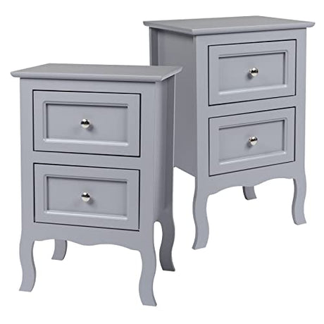 Karl home Grey Nightstand Set of 2 for Bedroom, Vintage Small Night Stand with Drawers, Farmhouse Side Table, Wooden End Tables with Curved Legs for Office, Mid-Century Karl home
