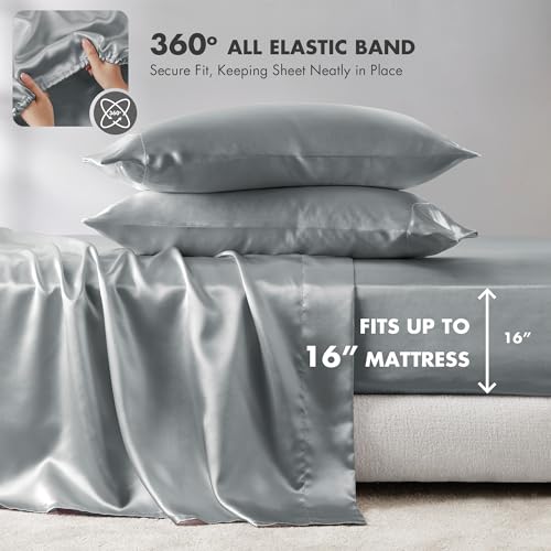 Madison Park Satin Sheets Split King Size, Luxurious Silky Bed Sheets, Elastic 14" Pocket fits up to 16" Mattress, Wrinkle-Free, Soft Satin Bed Sheet Set, Grey 7 Piece Madison Park