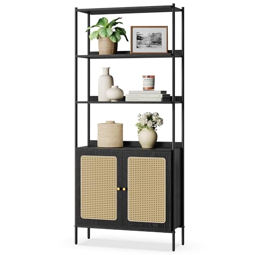 VASAGLE Boho 6-Tier Bookcase with Rattan-Like Door, Adjustable Storage Shelf in Ebony and Matte Black - WoodArtSupply