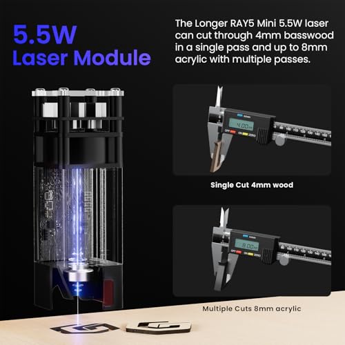 Longer Ray5 5.5W Mini Laser Engraver, DIY CNC, High-Speed Laser Cutter up to 12000 mm/min, Phone App Control, Engraving & Cutting Machine for Wood/Metal/Acrylic/Leather, 130×130 mm Working Area, Longer