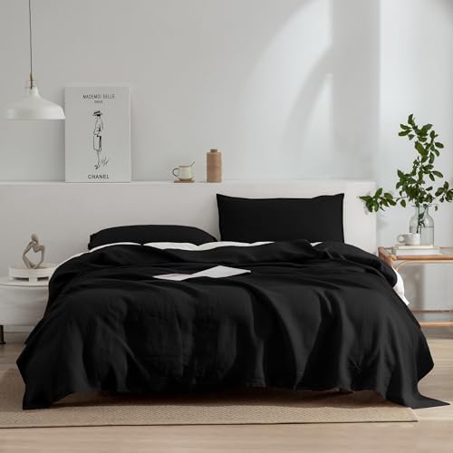 EVERLY Linen Sheets Set Queen Size,100% French Stonewash Pure Linen Sheets Set,4Pieces (1Flat Sheet,1Fitted Sheet,2Pillowcase) Suitable for Hot Sleepers,Deep Pocket Natural Bedding Set-Black EVERLY
