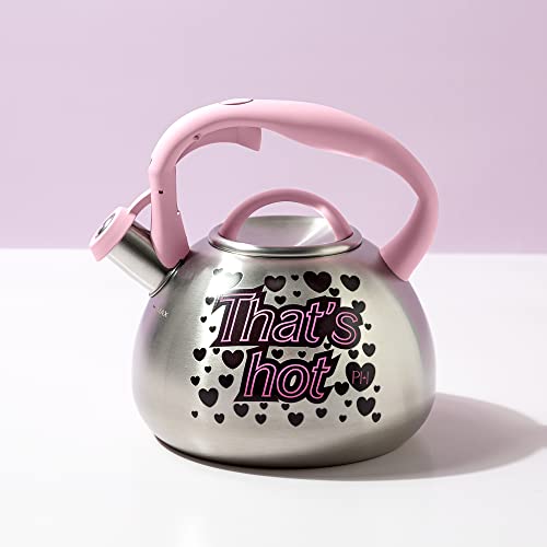 Paris Hilton Whistling Stovetop Tea Kettle, Stainless Steel with Color Changing "That's Hot" Heat Indicator Design, Soft Touch Handle, 2.5-Quart, Pink Paris Hilton