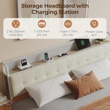 Salamir King Size Bed Frame with LED & Charging Station, Floating Bed Frame, Upholstered Headboard with Folding Shelves Storage, Metal Slats Support, No Box Spring Needed, Easy Assembly, White Salamir